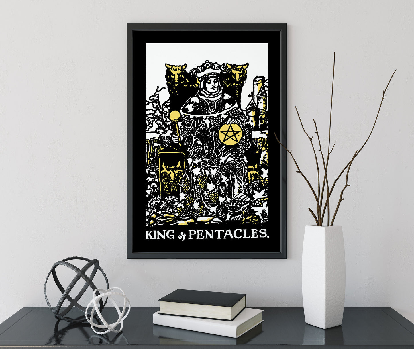 King of Pentacles- Tarot Card Print - The King of Pentacles Black white and Yellow Card Poster, No Frame