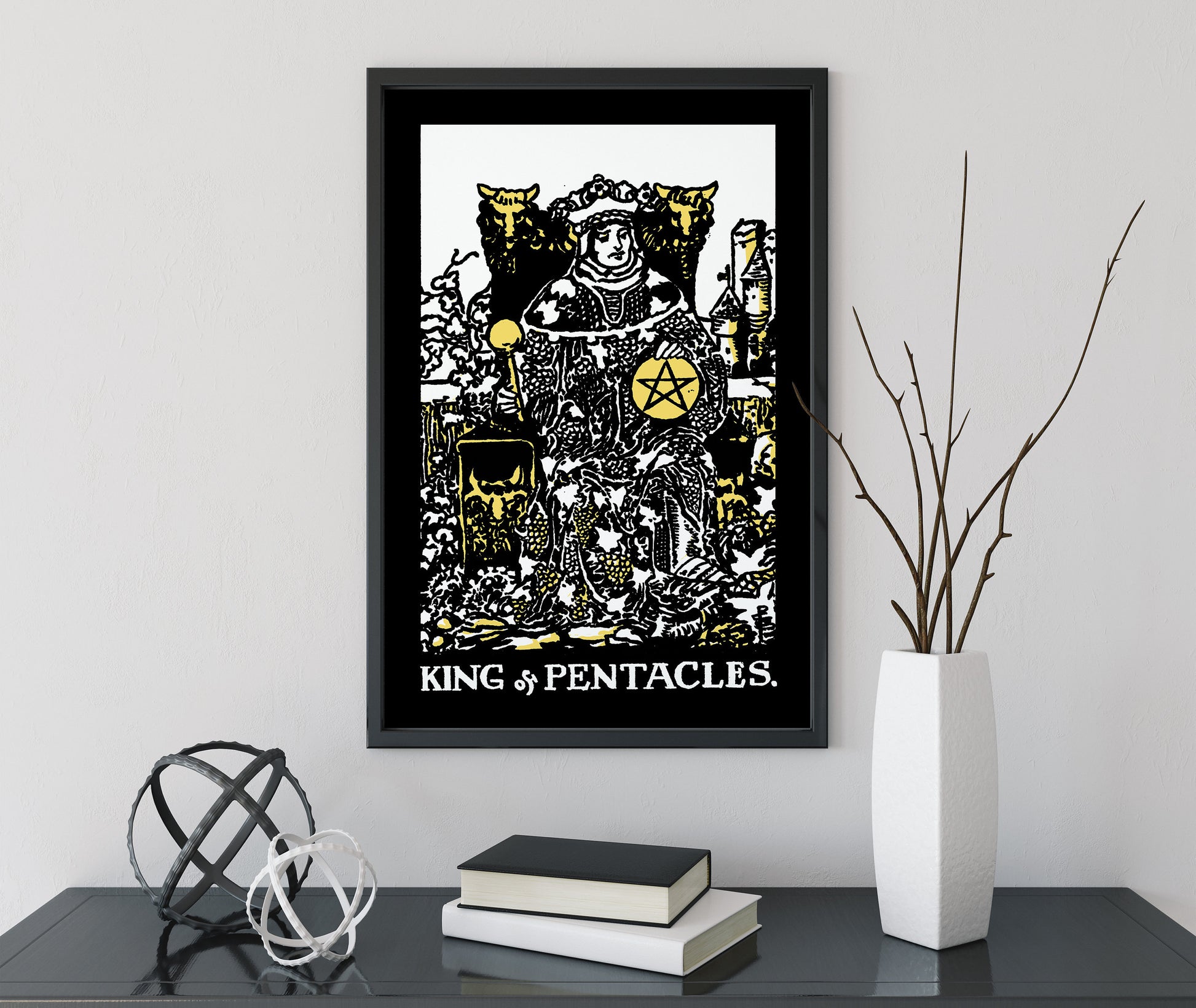 King of Pentacles- Tarot Card Print - The King of Pentacles Black white and Yellow Card Poster, No Frame