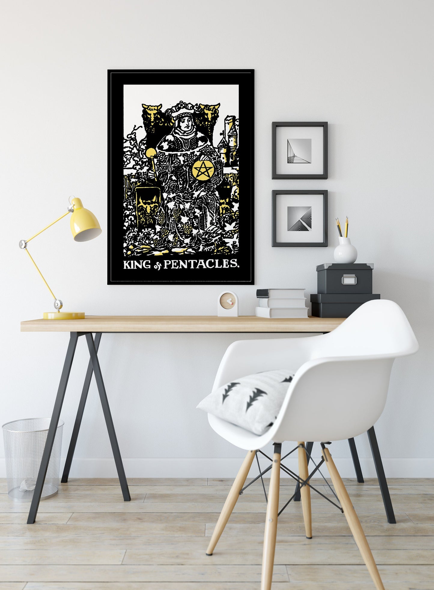 King of Pentacles- Tarot Card Print - The King of Pentacles Black white and Yellow Card Poster, No Frame