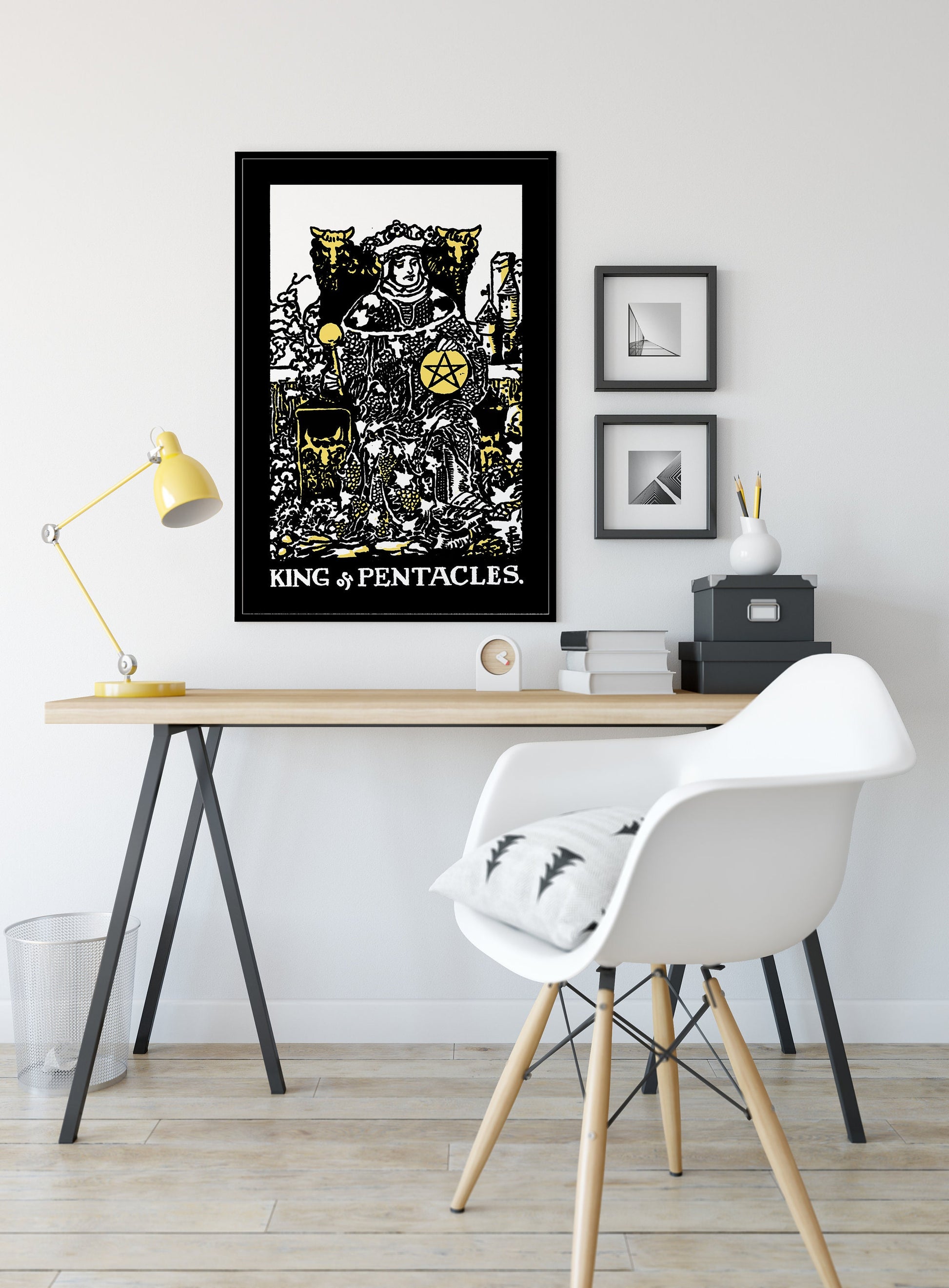 King of Pentacles- Tarot Card Print - The King of Pentacles Black white and Yellow Card Poster, No Frame