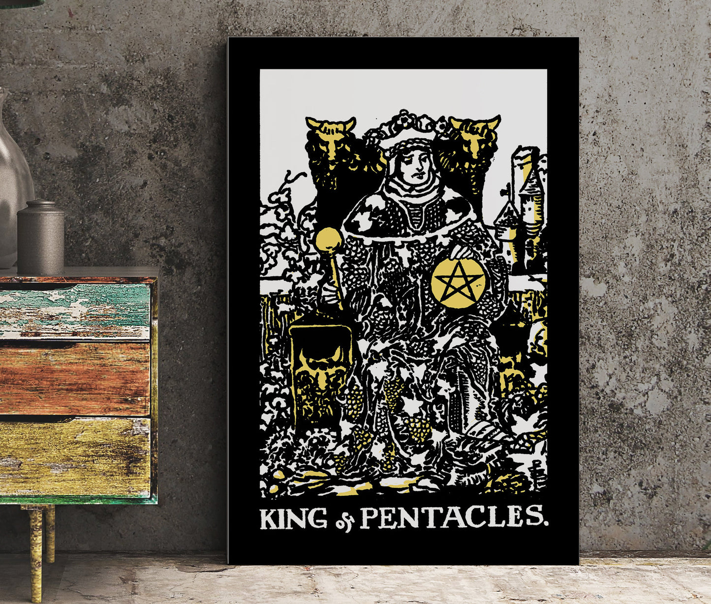 King of Pentacles- Tarot Card Print - The King of Pentacles Black white and Yellow Card Poster, No Frame