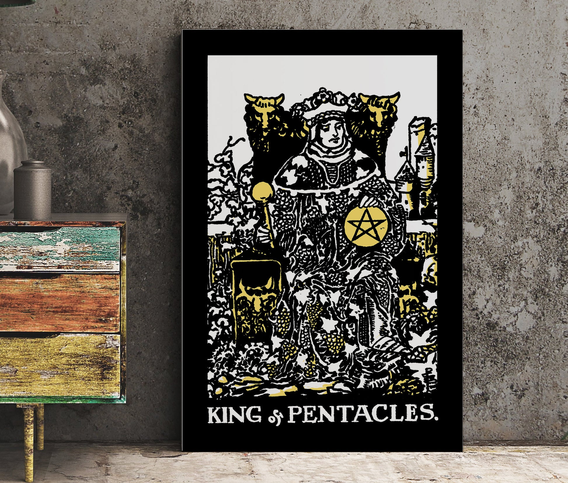 King of Pentacles- Tarot Card Print - The King of Pentacles Black white and Yellow Card Poster, No Frame