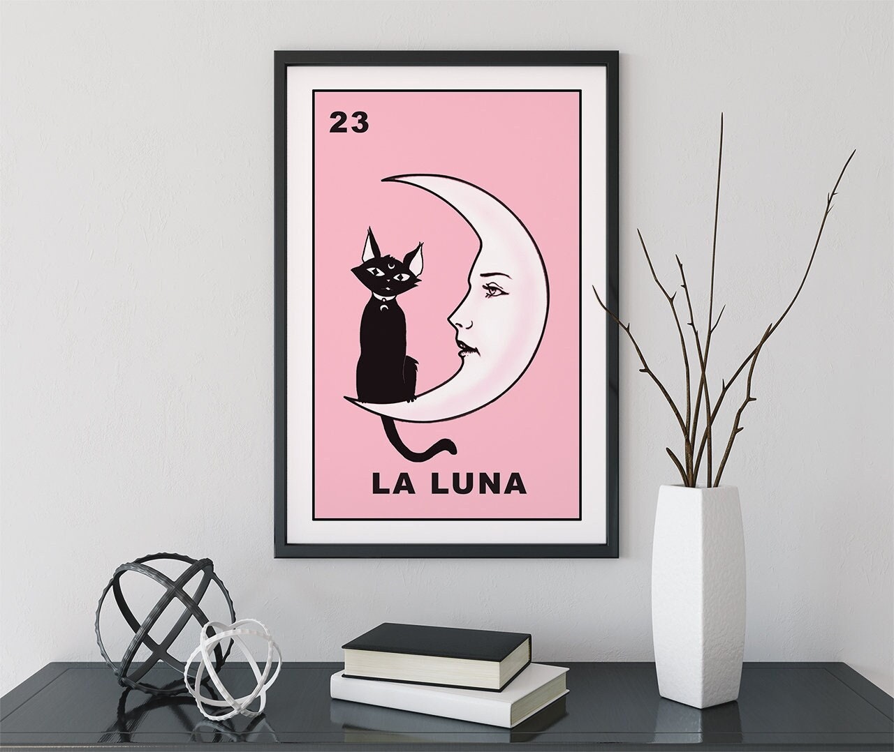 La Luna Cartoon Cat Card Moon Pink Print, No Frame