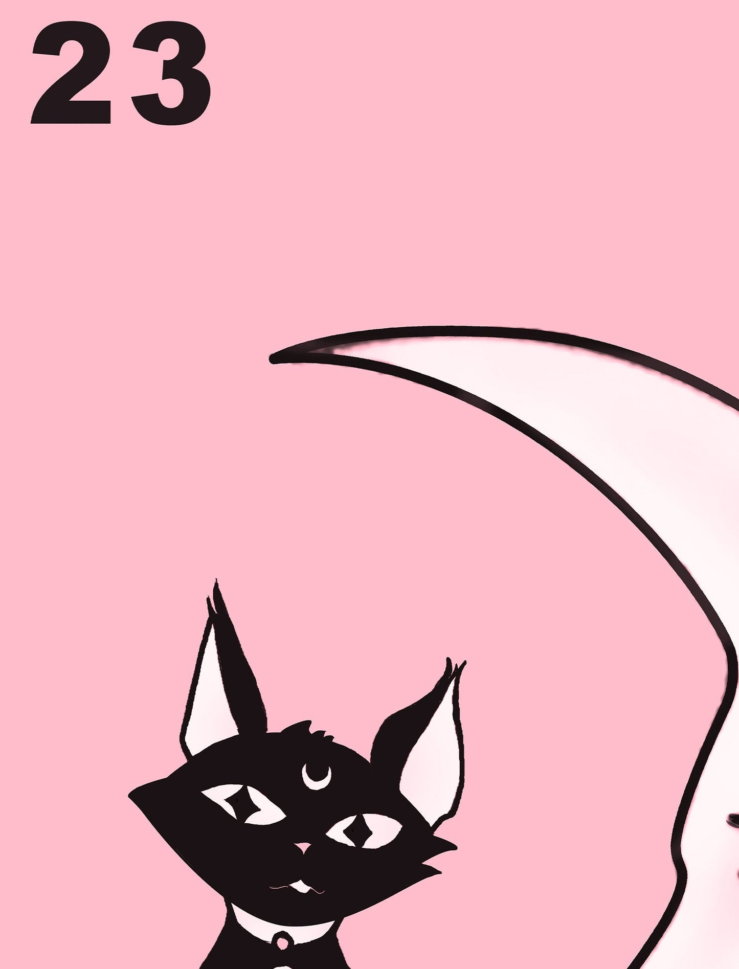 La Luna Cartoon Cat Card Moon Pink Print, No Frame