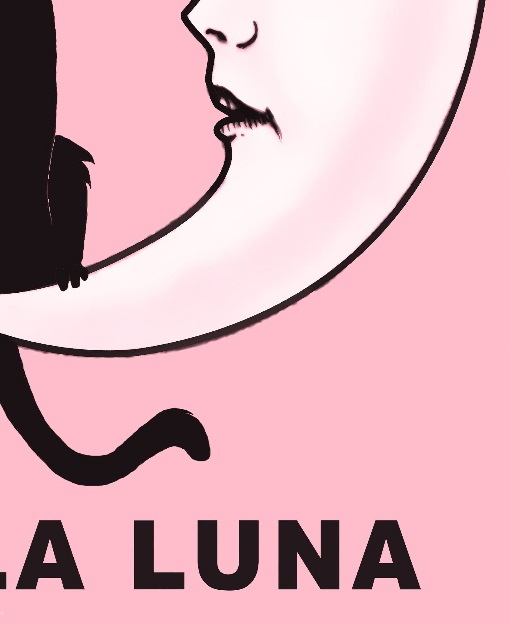 La Luna Cartoon Cat Card Moon Pink Print, No Frame