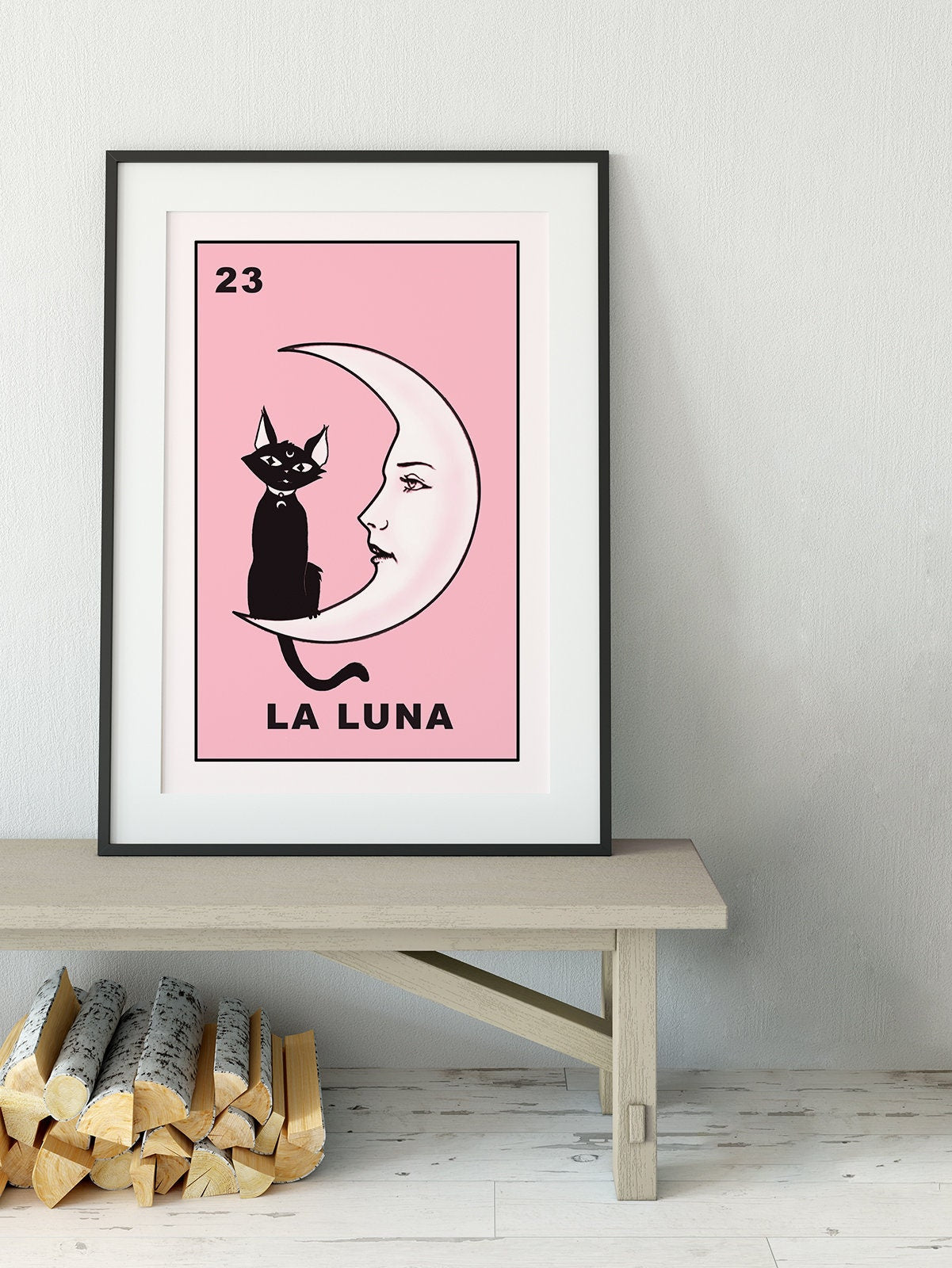 La Luna Cartoon Cat Card Moon Pink Print, No Frame