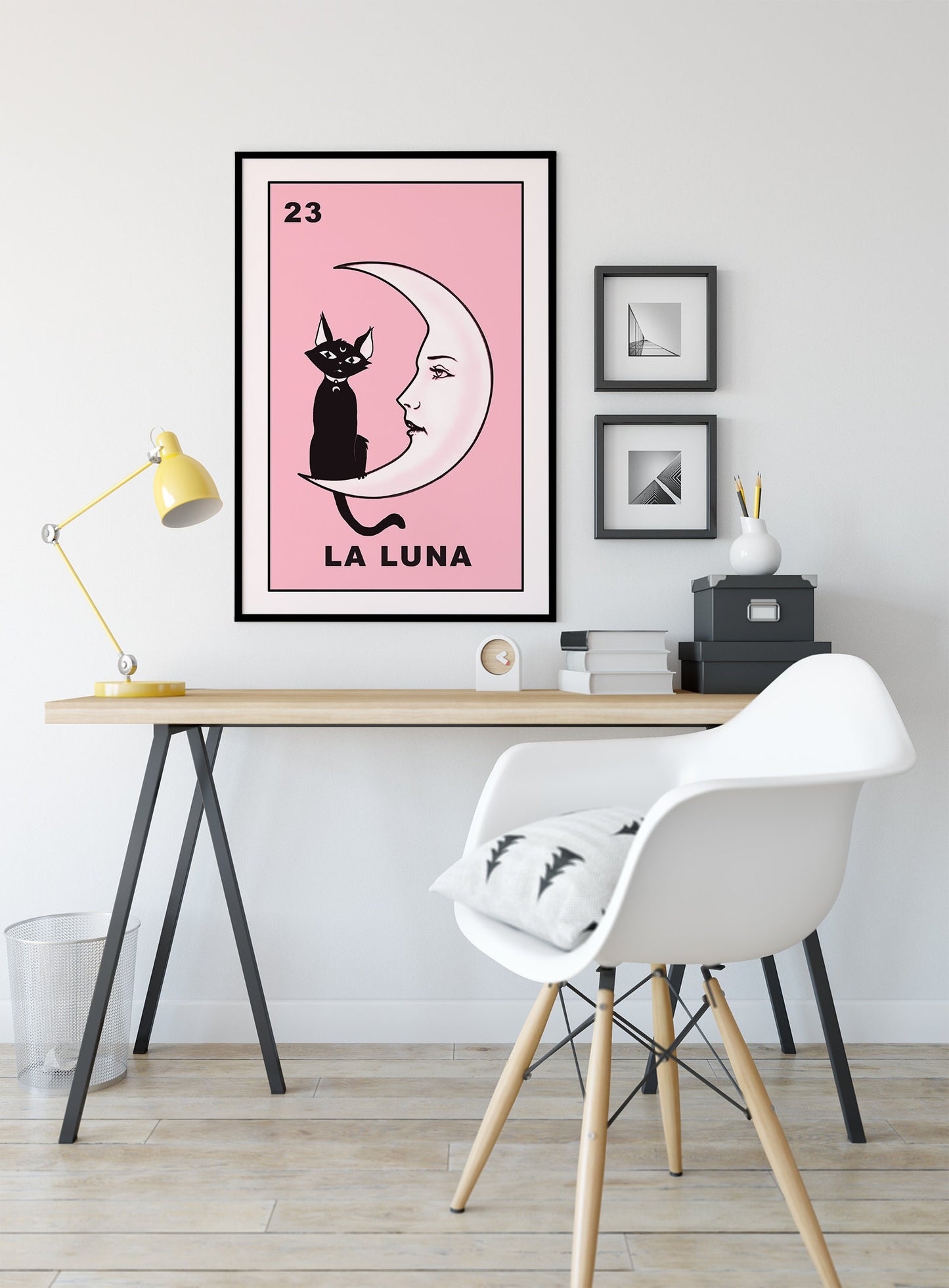 La Luna Cartoon Cat Card Moon Pink Print, No Frame