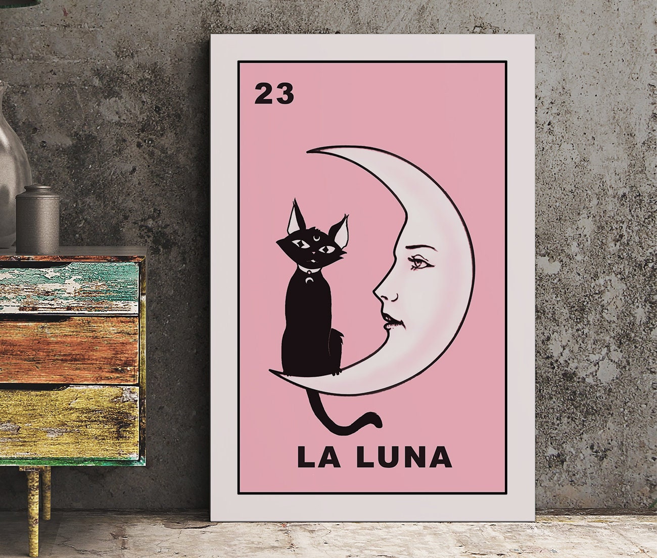 La Luna Cartoon Cat Card Moon Pink Print, No Frame