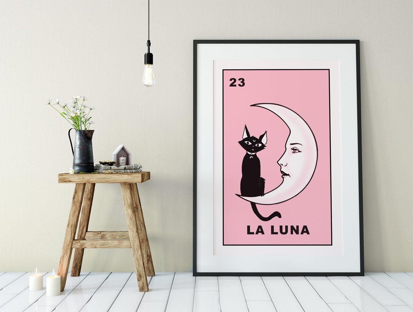 La Luna Cartoon Cat Card Moon Pink Print, No Frame