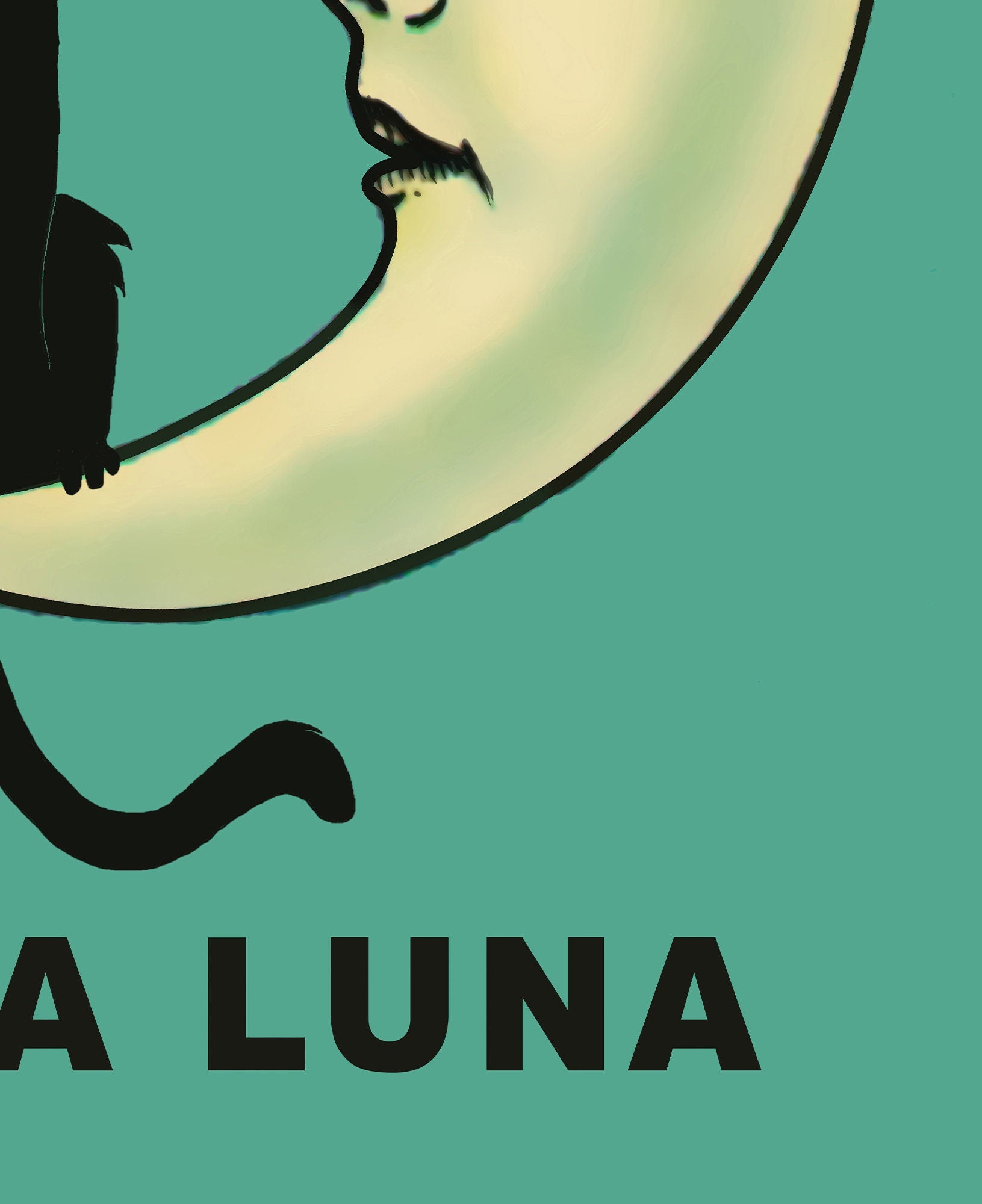 La Luna Cartoon Cat Card Moon Print, No Frame