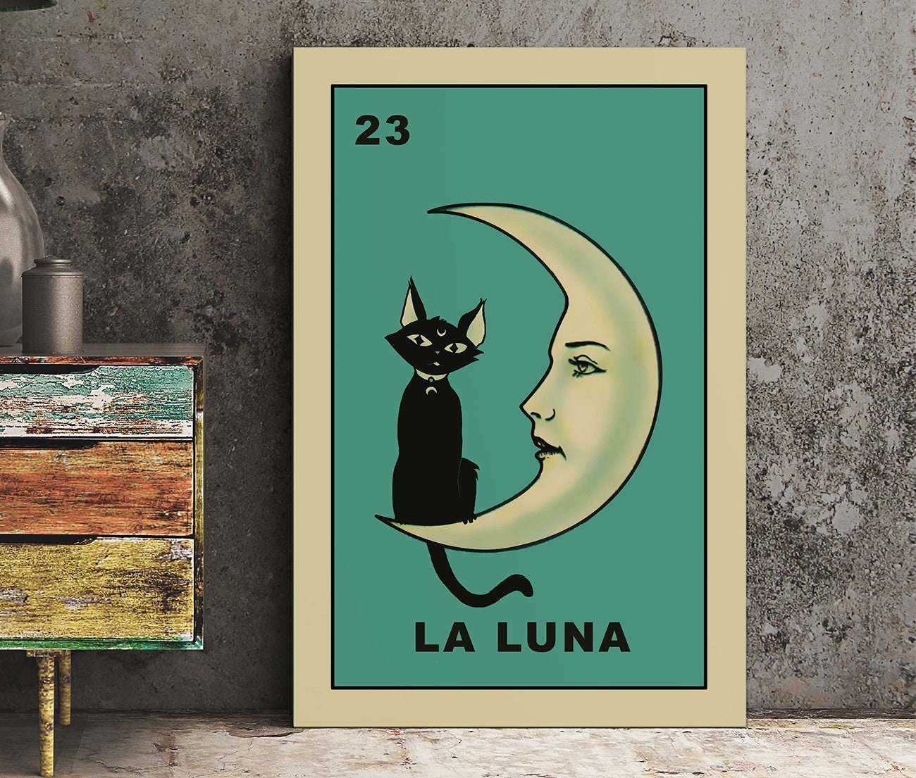 La Luna Cartoon Cat Card Moon Print, No Frame