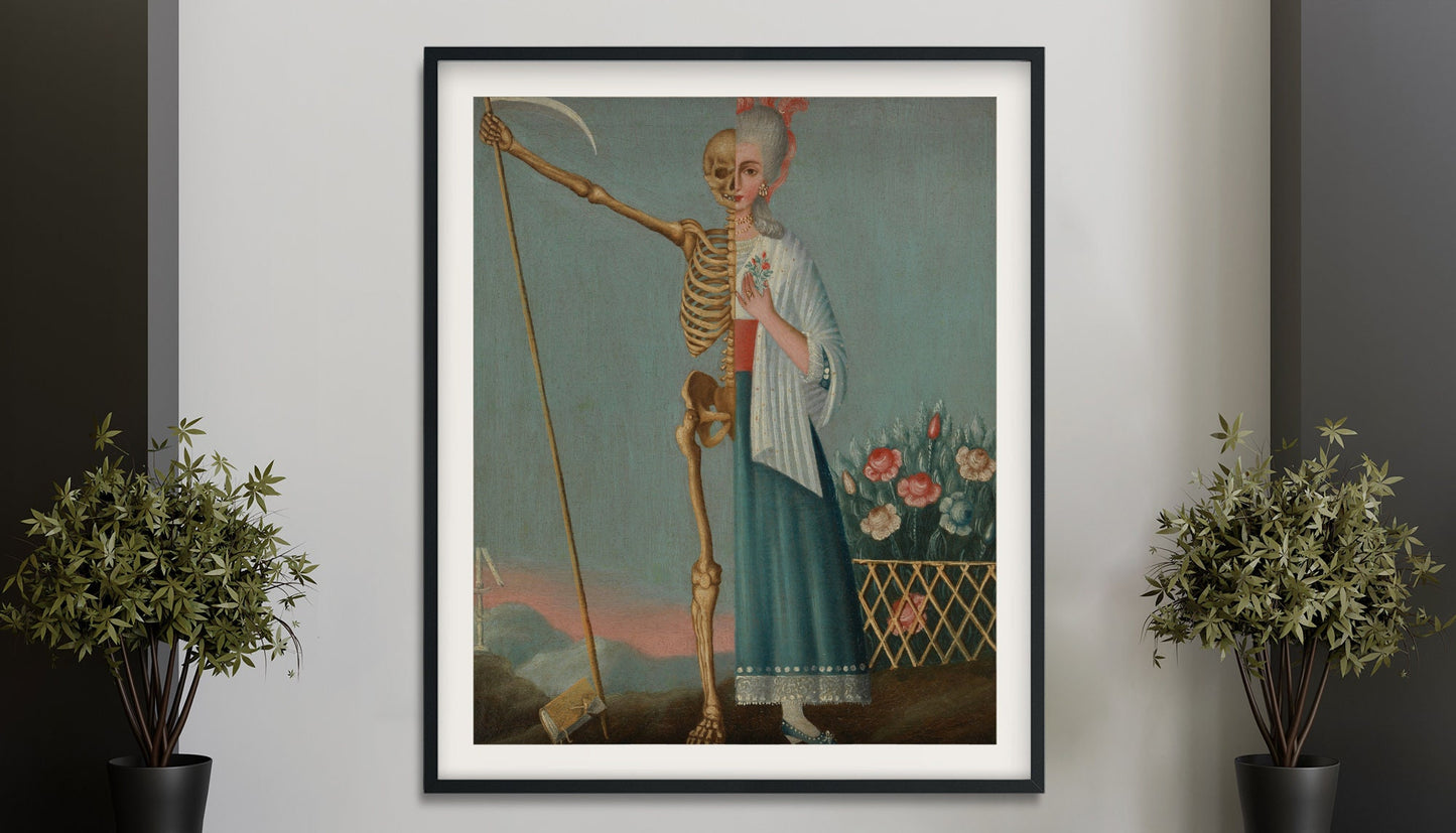 Life and Death antique oil painting, Vintage Memento Mori art print, Femme fatale, Lady skeleton, Grim Reaper, 18th century Print (No Frame)