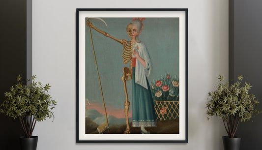 Life and Death antique oil painting, Vintage Memento Mori art print, Femme fatale, Lady skeleton, Grim Reaper, 18th century Print (No Frame)