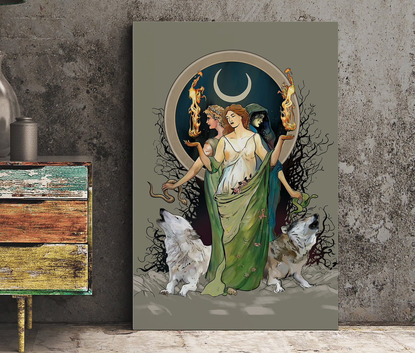 Moon Goddess Hecate Poster - Painted - Wiccan Tapestry - Hecate Witchy Painted Print, No Frame
