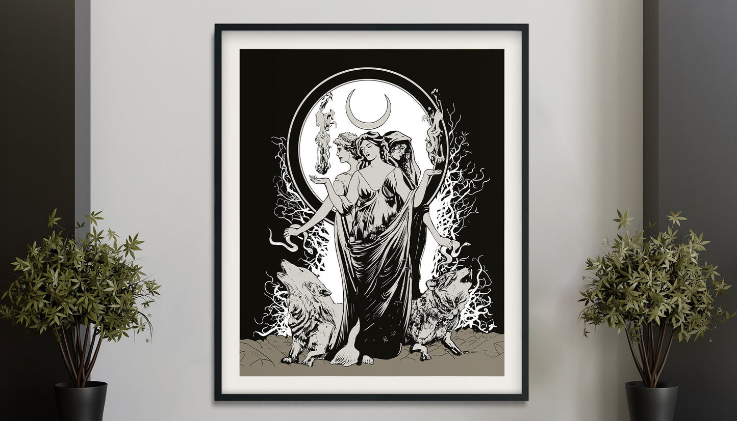 Moon Goddess Hecate Poster - Painted - Wiccan Tapestry - Hecate Witchy Painted Print, No Frame
