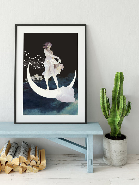 Moon Goddess Mother Art Print Spring Scattering Stars Enhanced Design by My Store