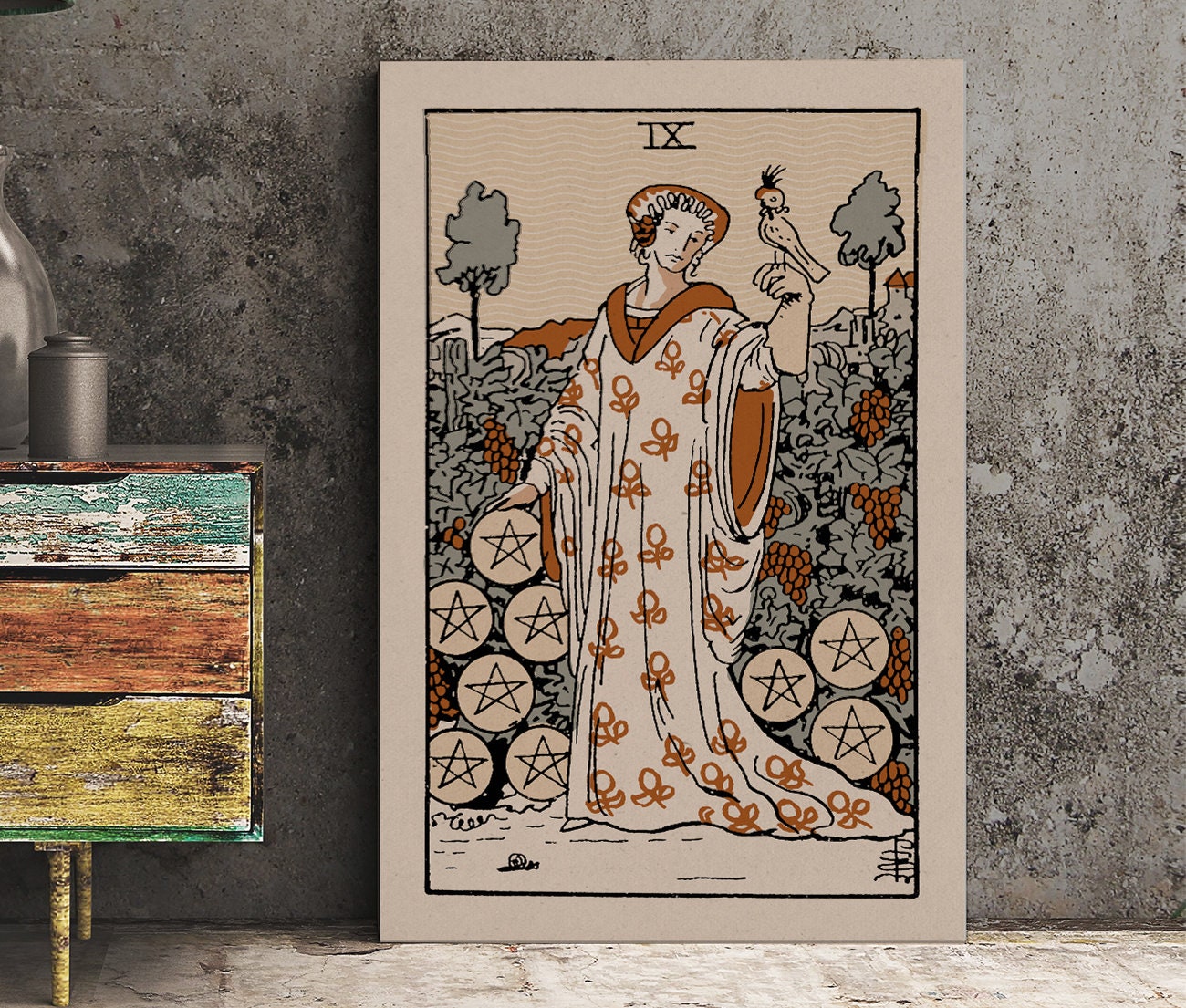 Nine Of Pentacles- Tarot Card Print - The 9 Of Pentacles Card Neutral Vibe Poster Eclectic Tarot, No Frame