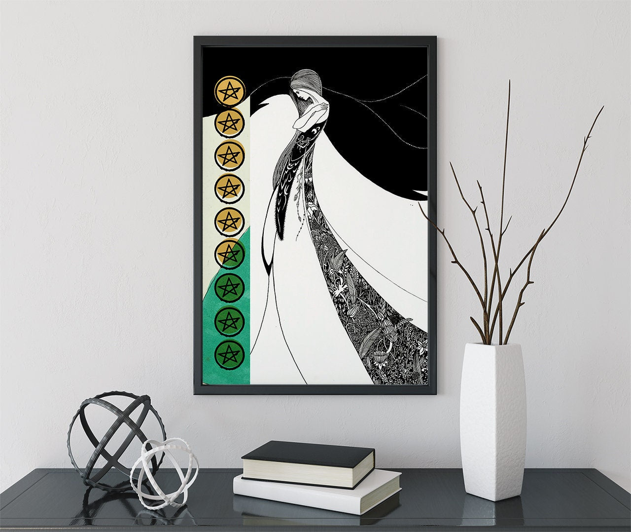 Nine Of Pentacles - Tarot Card Print - The 9 Of Pentacles Aubrey Beardsley Illustration Card Poster, No Frame
