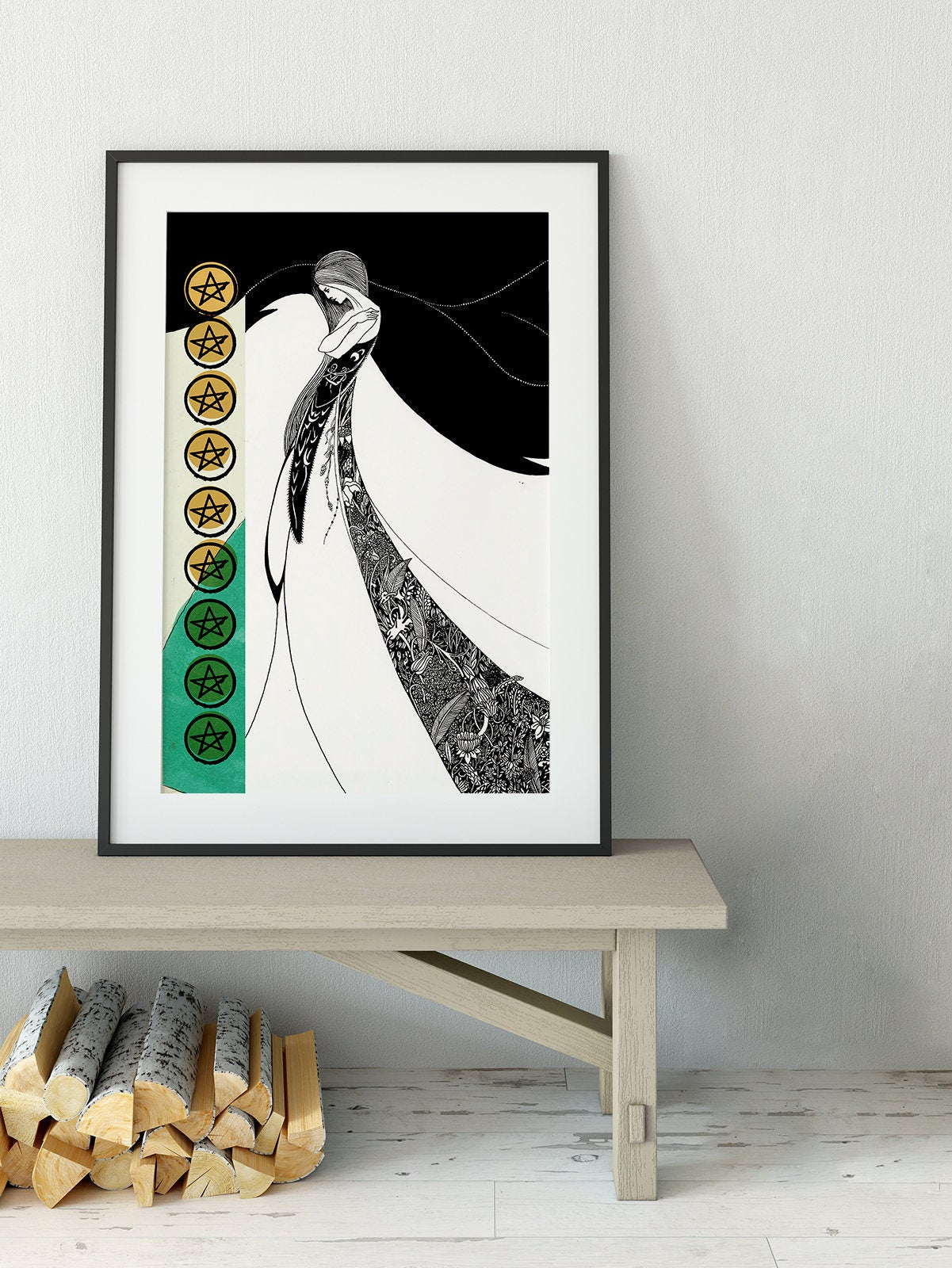 Nine Of Pentacles - Tarot Card Print - The 9 Of Pentacles Aubrey Beardsley Illustration Card Poster, No Frame
