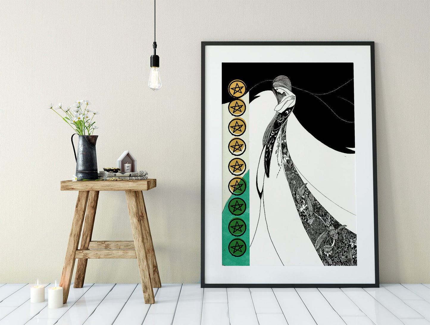 Nine Of Pentacles - Tarot Card Print - The 9 Of Pentacles Aubrey Beardsley Illustration Card Poster, No Frame