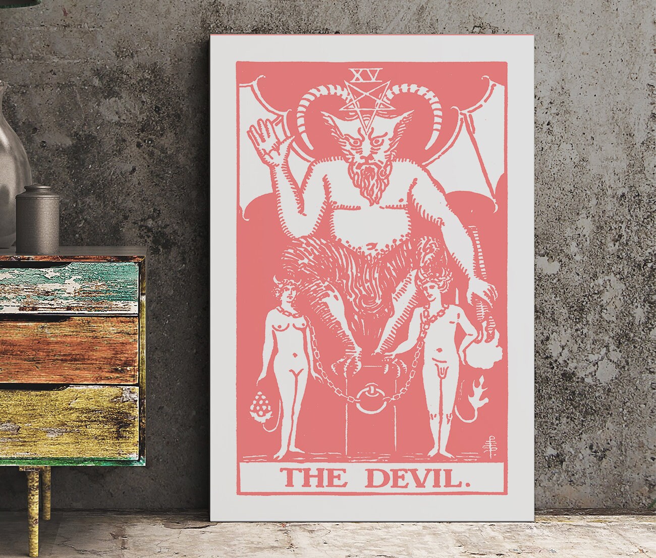 The Devil - Tarot Card Print - Tarot Card The Devil Card Pink and White Poster, No Frame