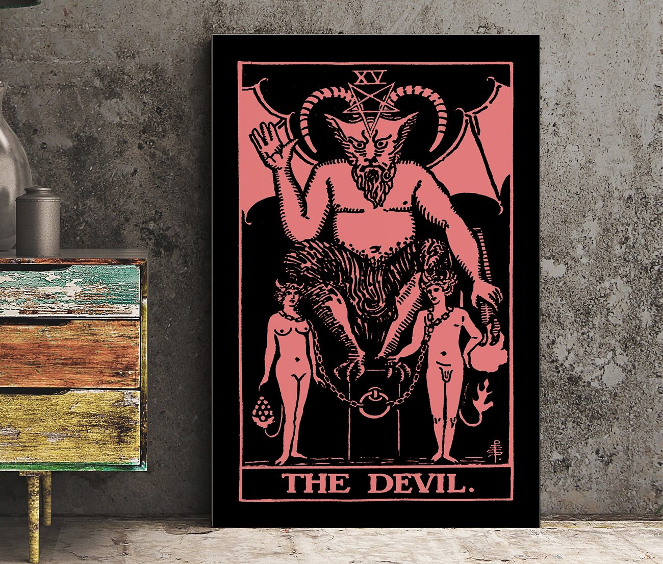 The Devil - Tarot Card Print - Tarot Card The Devil Card Pink and White Poster, No Frame