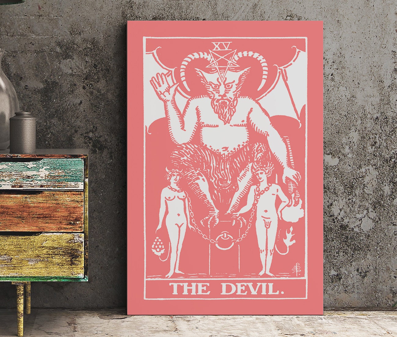 The Devil - Tarot Card Print - Tarot Card The Devil Card Pink and White Poster, No Frame