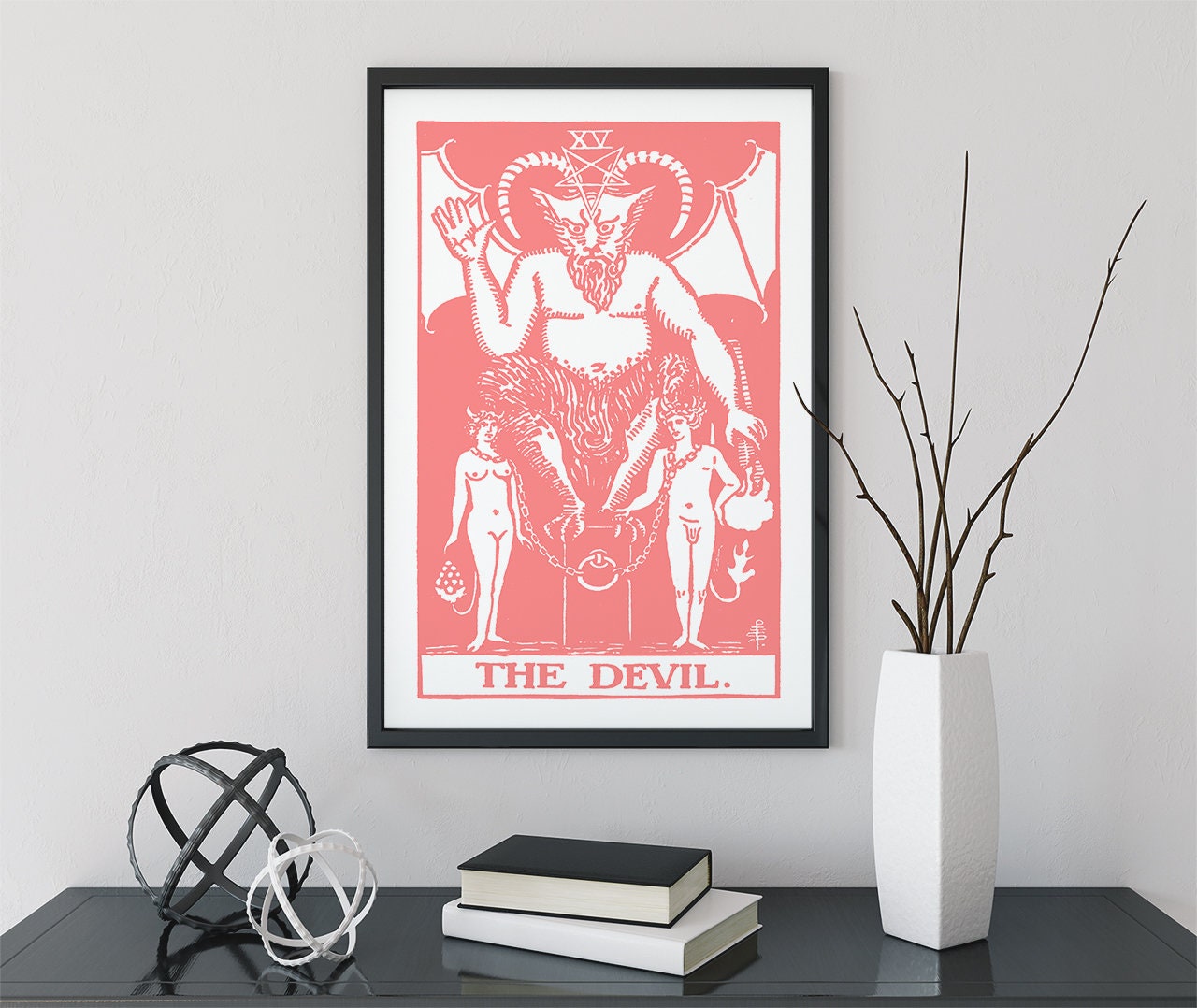 The Devil - Tarot Card Print - Tarot Card The Devil Card Pink and White Poster, No Frame