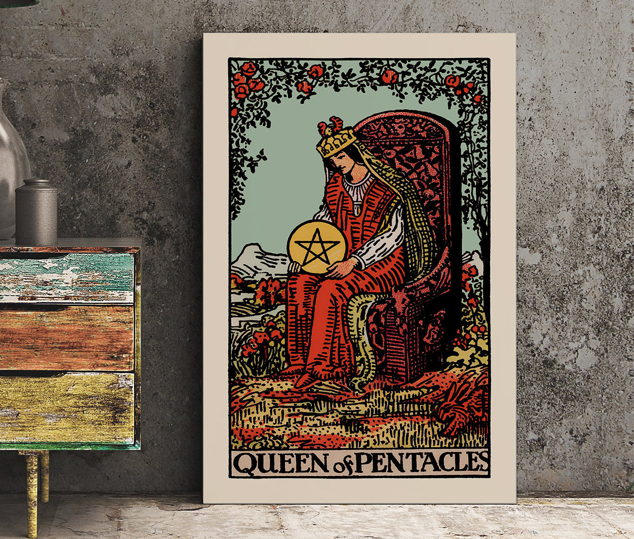 Queen Of Pentacles- Tarot Card Print - The Blue Sky Queen Of Pentacles Card Poster, No Frame