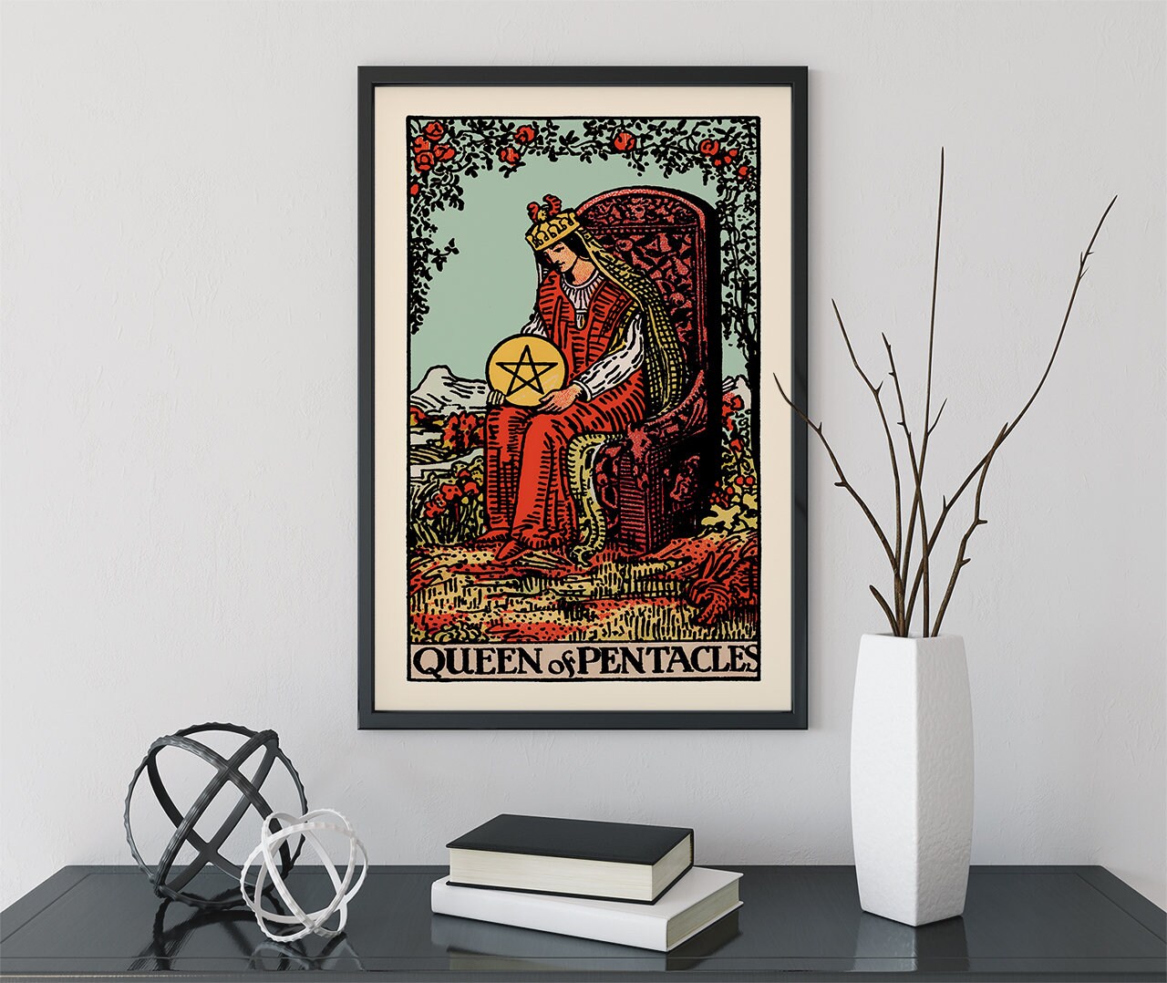 Queen Of Pentacles- Tarot Card Print - The Blue Sky Queen Of Pentacles Card Poster, No Frame