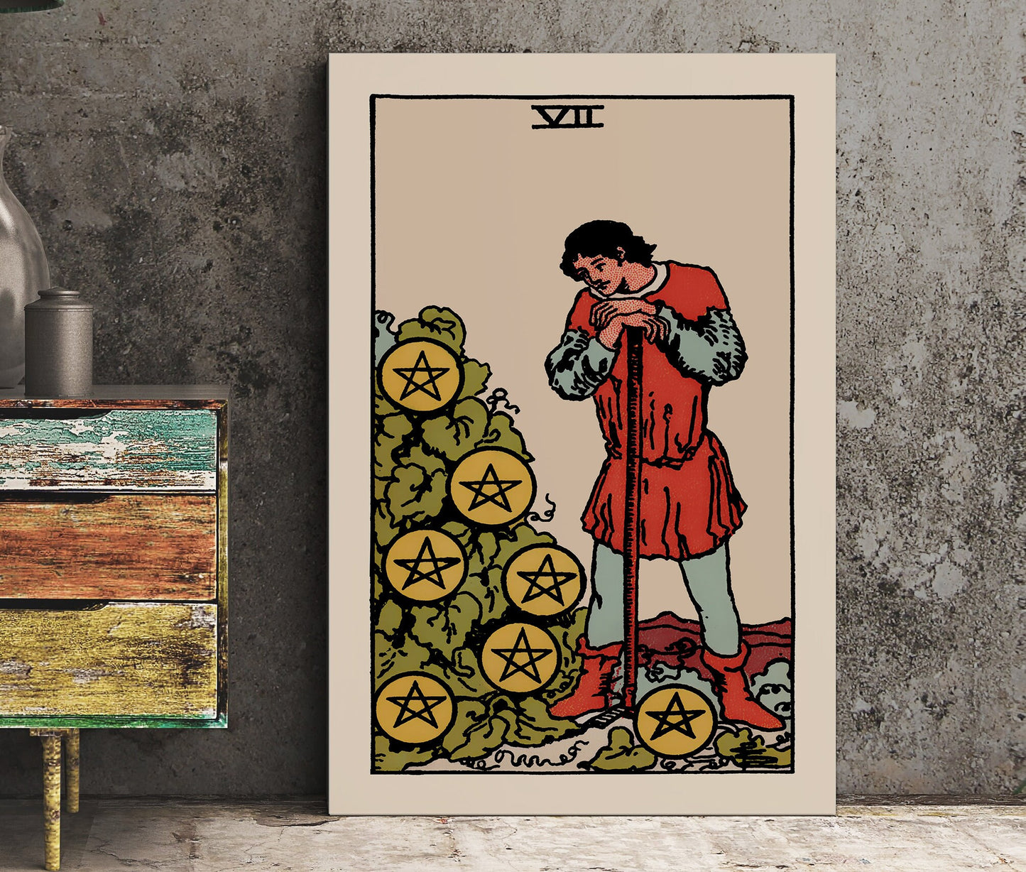 Seven of Pentacles- Tarot Card Print - The 7 of Pentacles Card Poster, No Frame