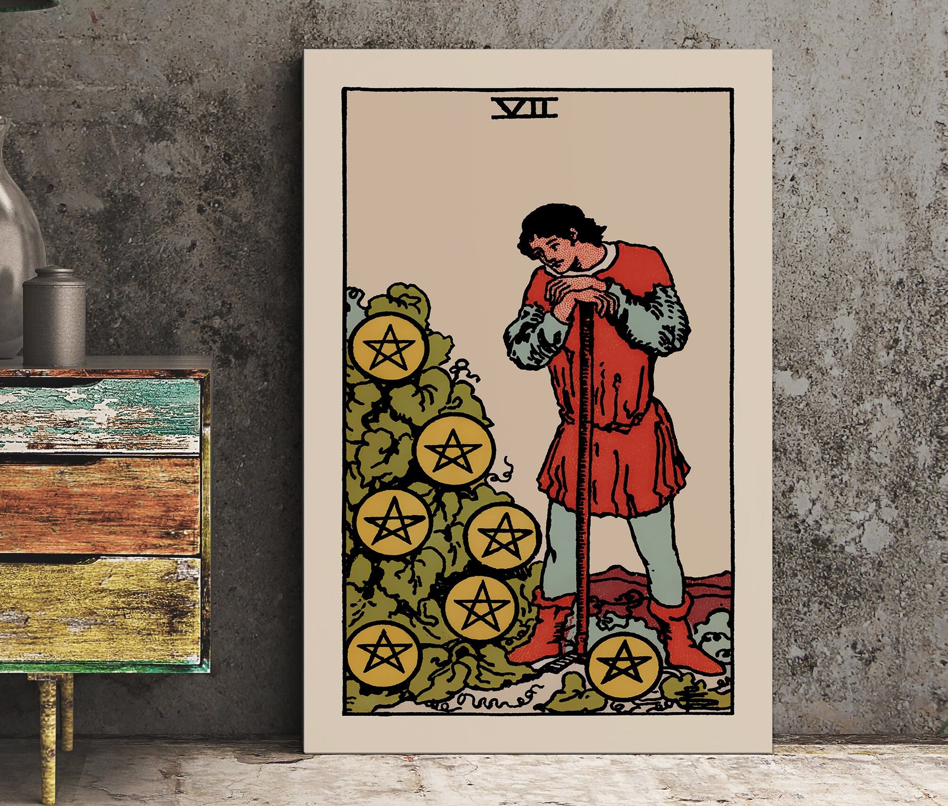 Seven of Pentacles- Tarot Card Print - The 7 of Pentacles Card Poster, No Frame