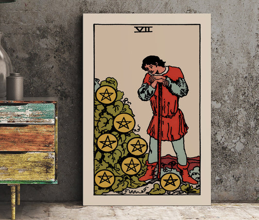 Seven of Pentacles- Tarot Card Print - The 7 of Pentacles Card Poster, No Frame