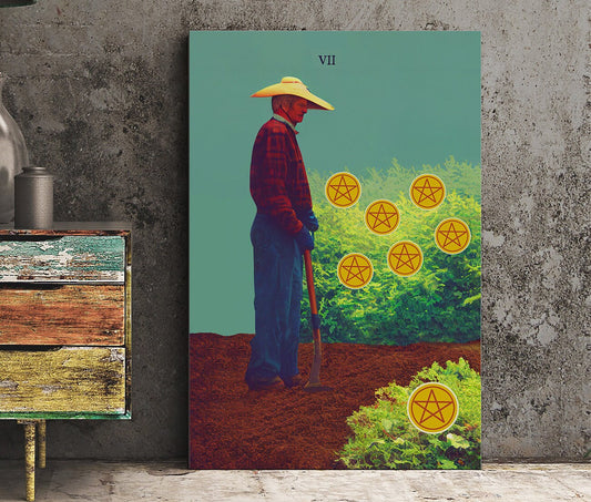 Seven of Pentacles- Tarot Card Print from the Green Menagerie Tarot coming soon to Kickstarter - The 7 of Pentacles Card Poster, No Frame