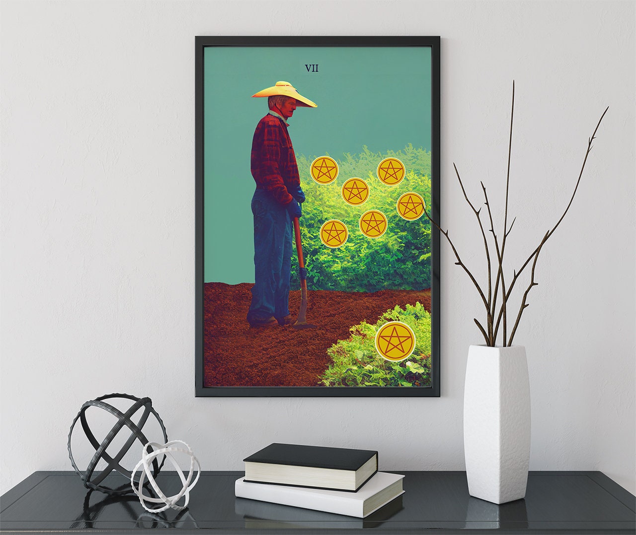 Seven of Pentacles- Tarot Card Print from the Green Menagerie Tarot coming soon to Kickstarter - The 7 of Pentacles Card Poster, No Frame