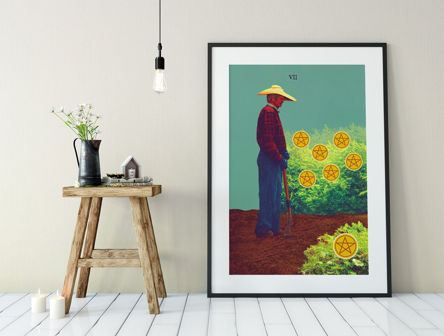 Seven of Pentacles- Tarot Card Print from the Green Menagerie Tarot coming soon to Kickstarter - The 7 of Pentacles Card Poster, No Frame