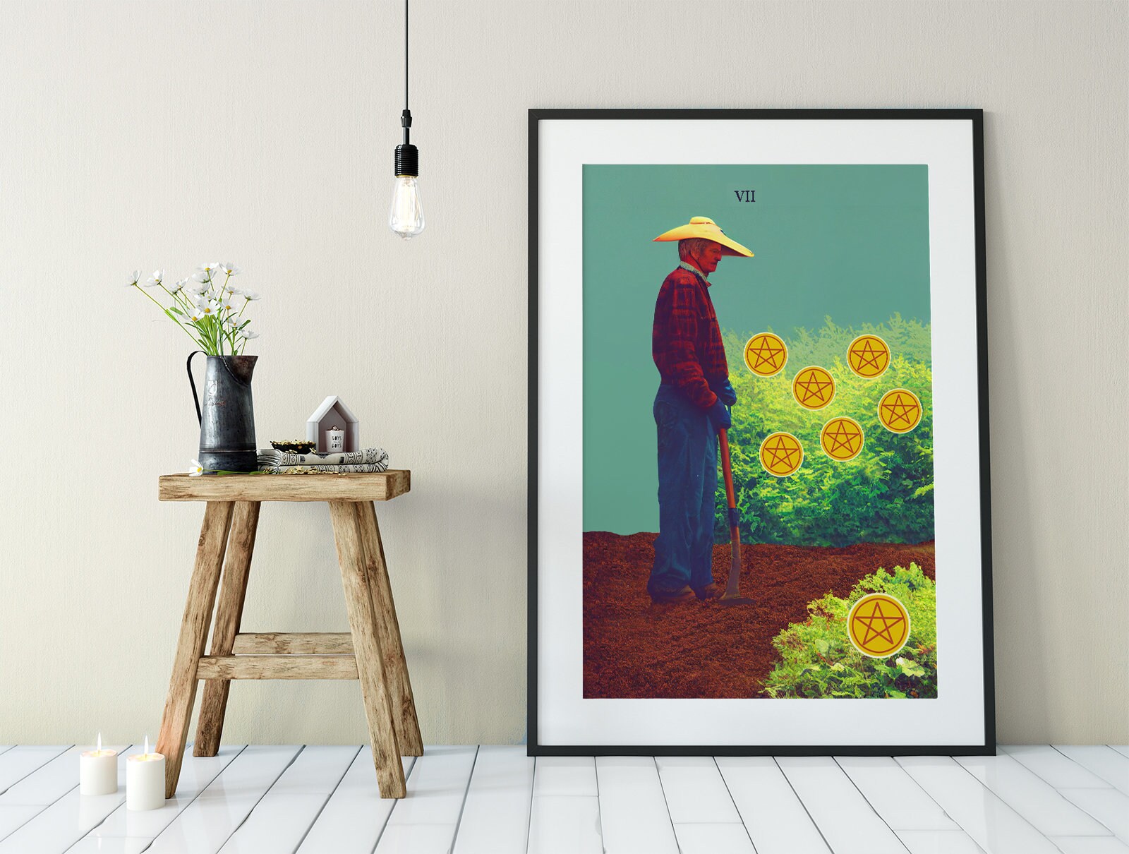 Seven of Pentacles- Tarot Card Print from the Green Menagerie Tarot coming soon to Kickstarter - The 7 of Pentacles Card Poster, No Frame