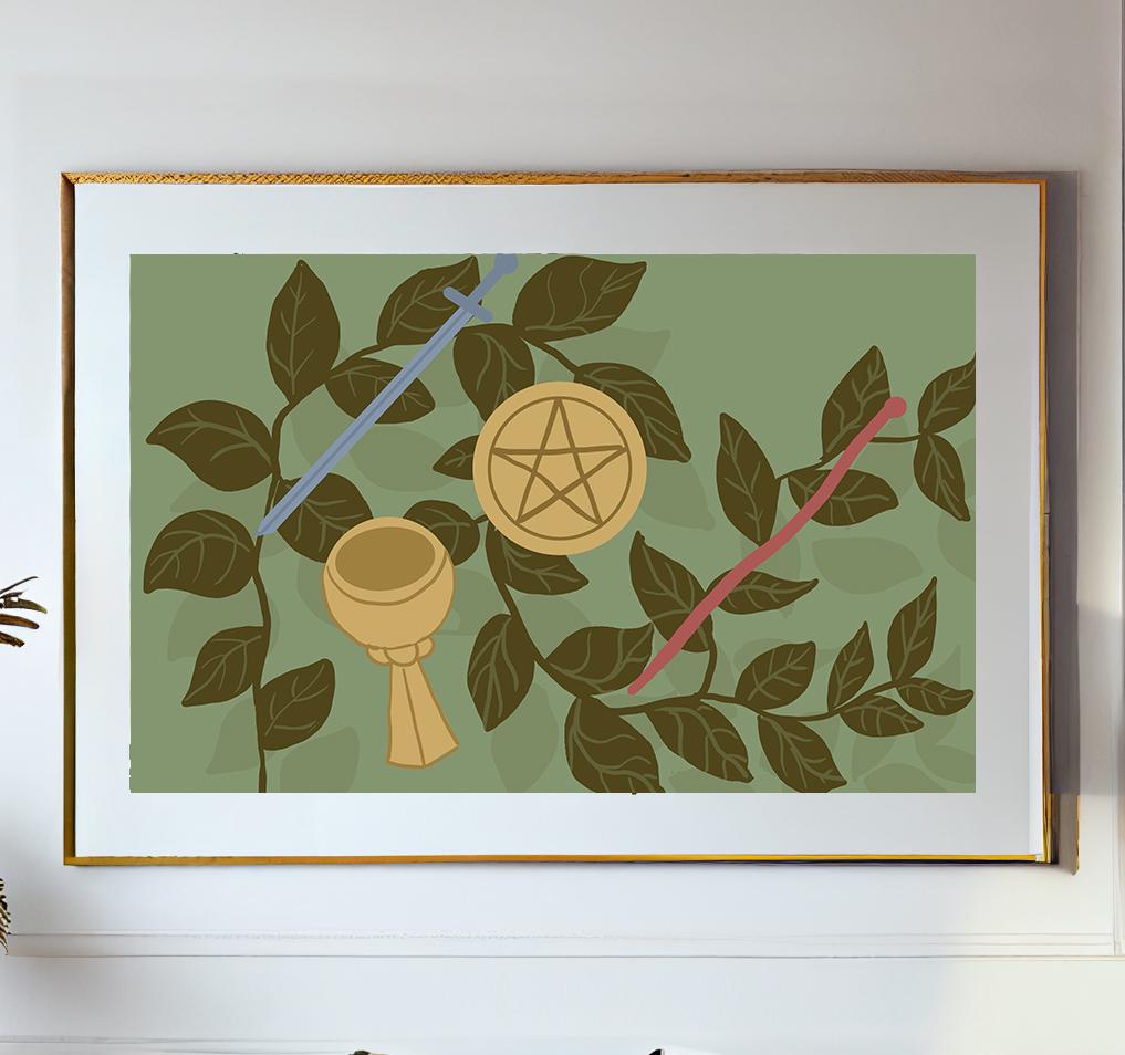 Tarot Elements in Leaves Print - Tarot Card Print - The Tarot Lovers Poster, No Frame