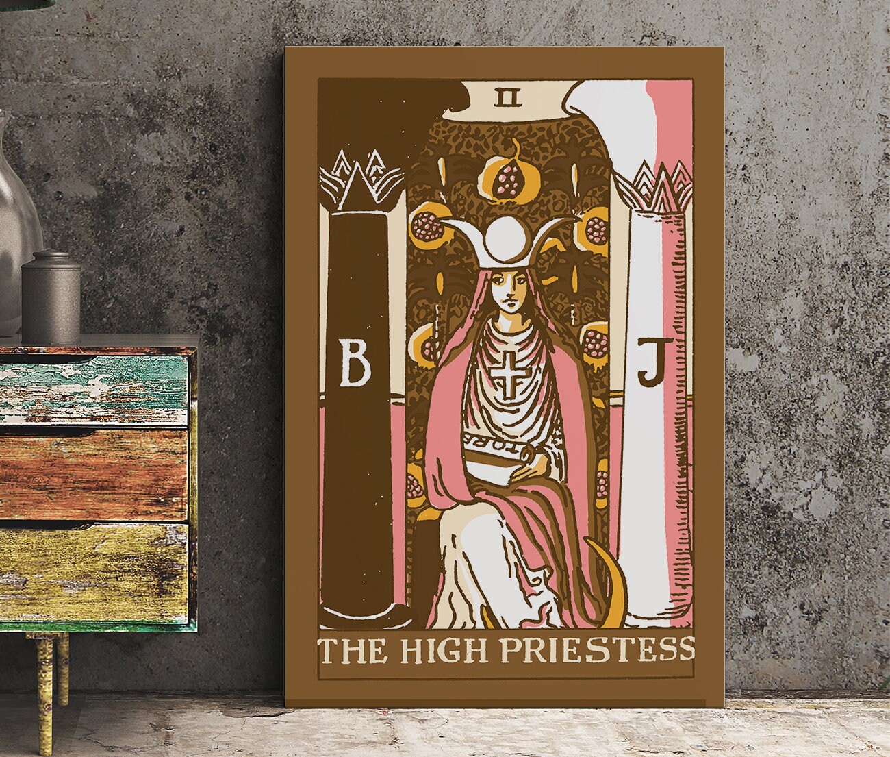 The High Priestess - Tarot Card Print - The High Priestess Card Neapolitan Pastel Goth Punk Brown Poster, No Frame