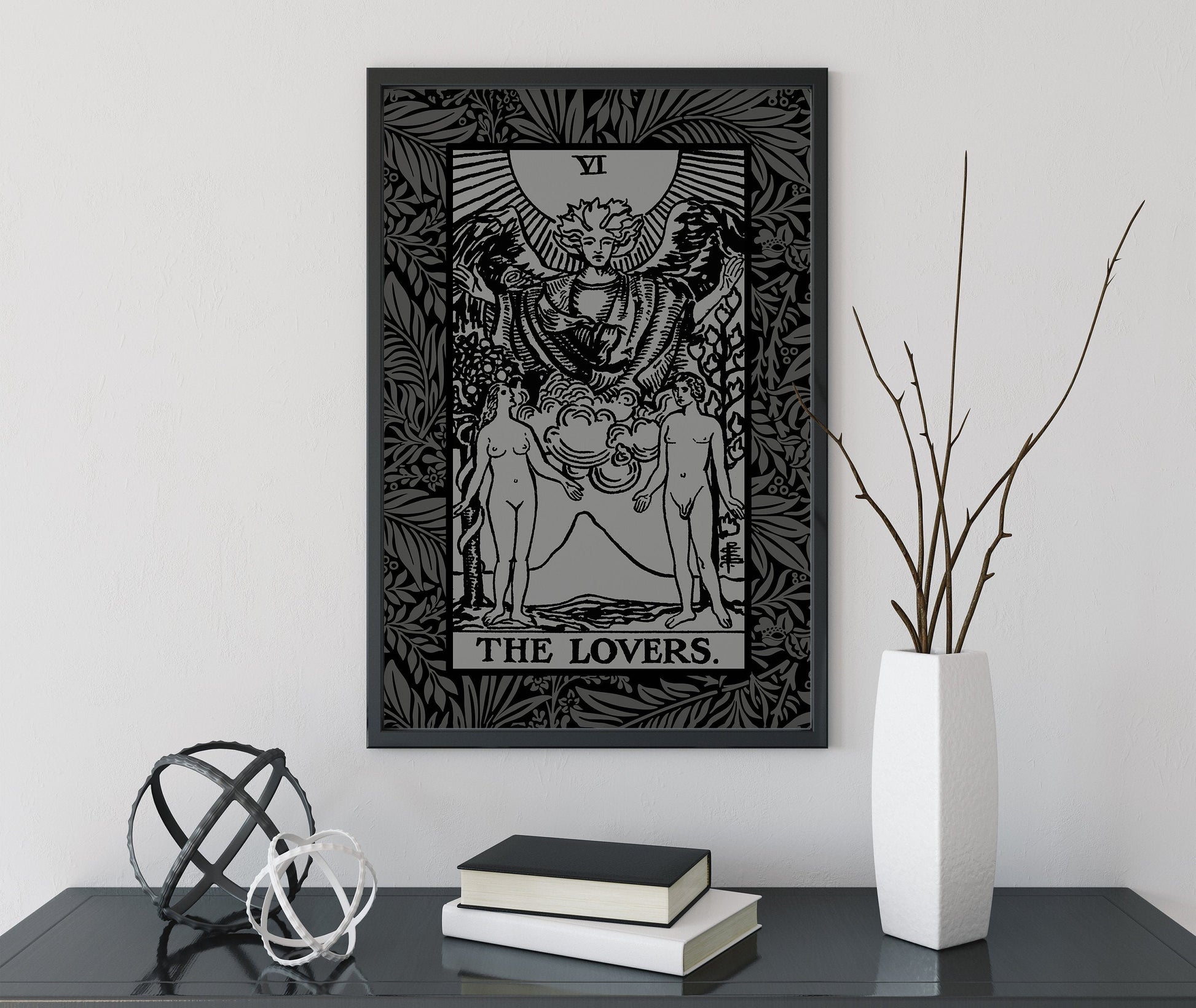 The Lovers Tarot Card - Gray and Black Print - The Lovers Card Gray Poster, No Frame