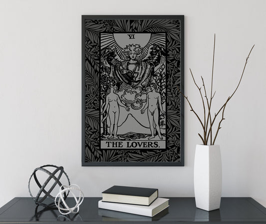 The Lovers Tarot Card - Gray and Black Print - The Lovers Card Gray Poster, No Frame