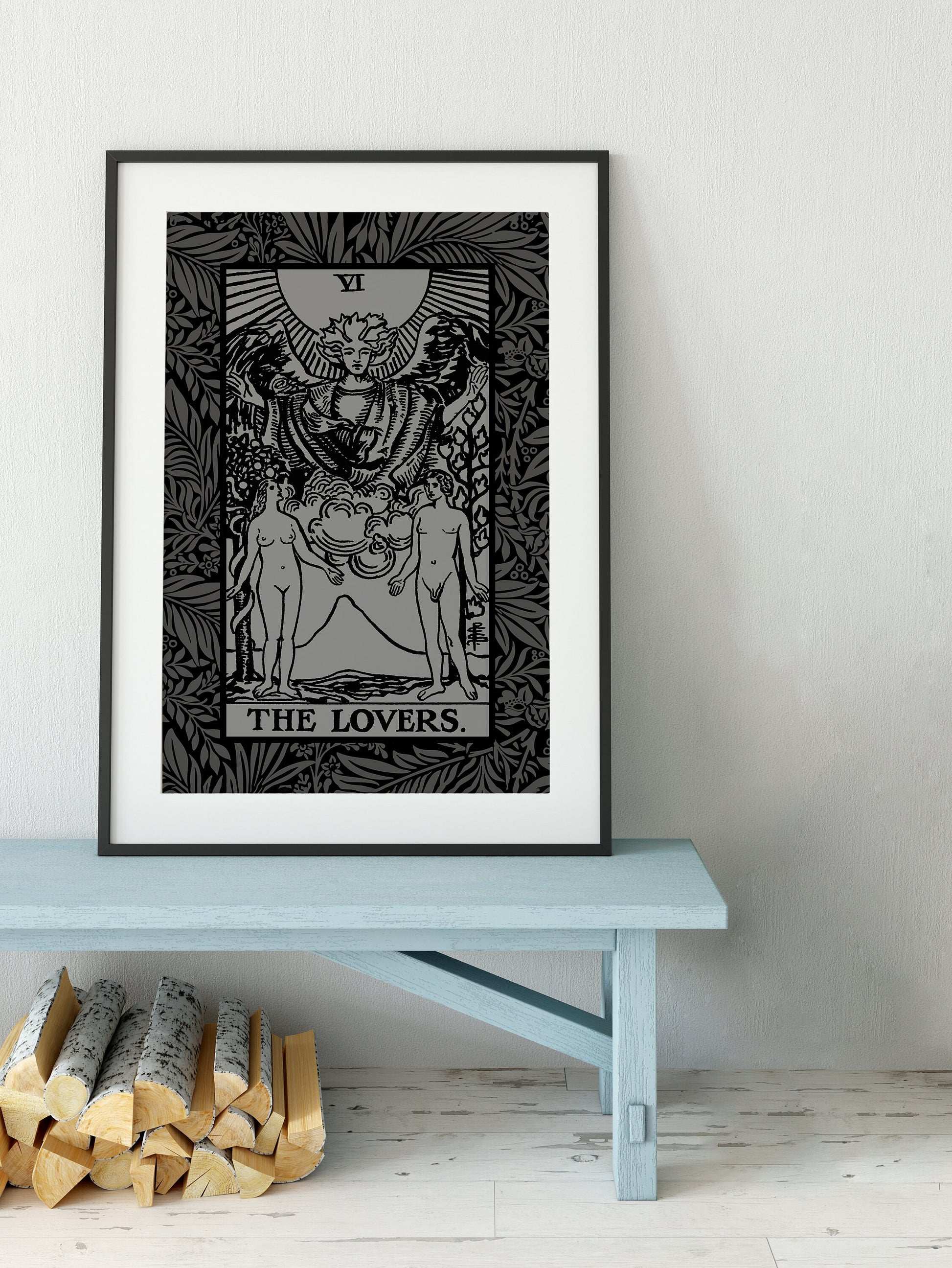 The Lovers Tarot Card - Gray and Black Print - The Lovers Card Gray Poster, No Frame