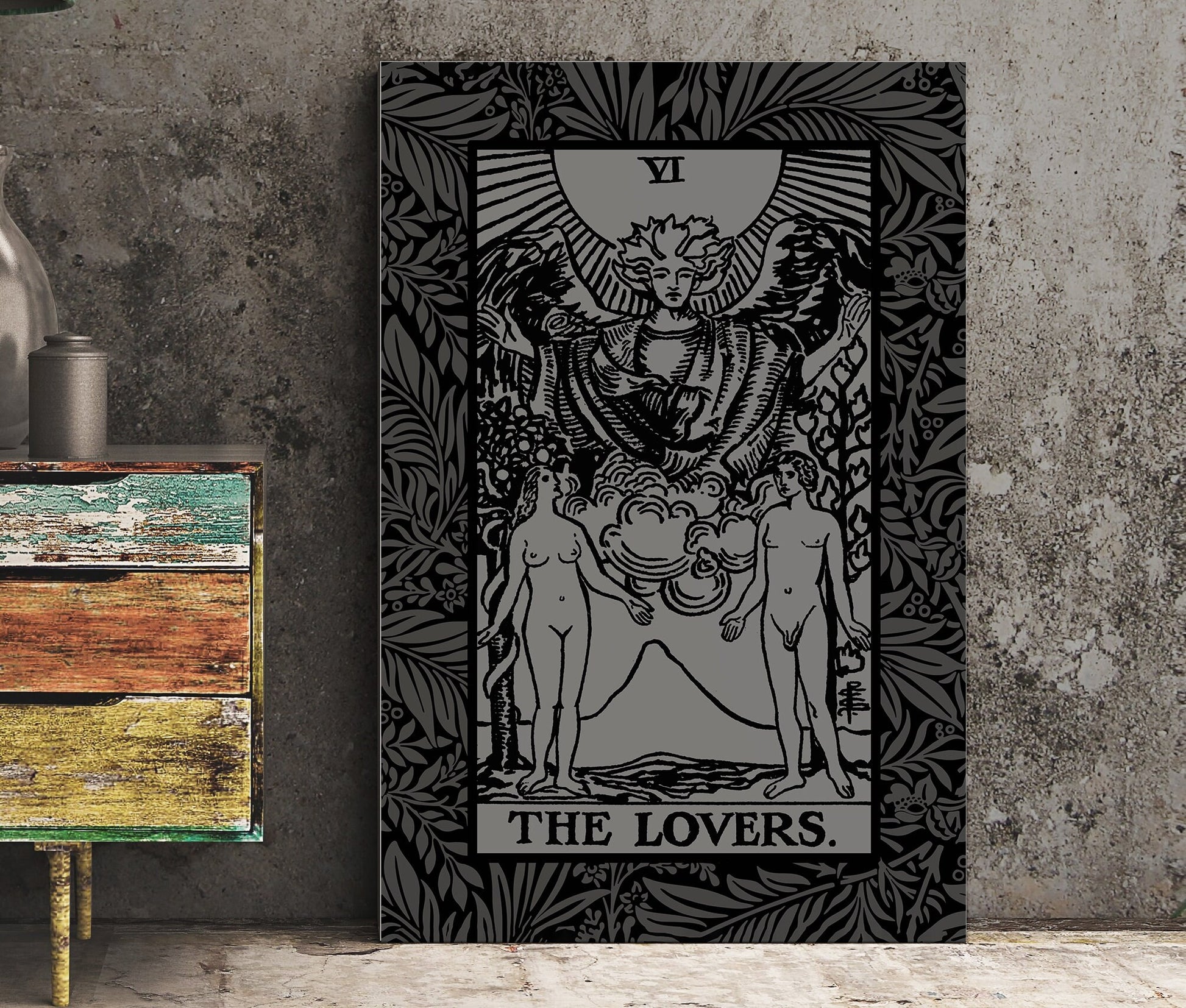The Lovers Tarot Card - Gray and Black Print - The Lovers Card Gray Poster, No Frame