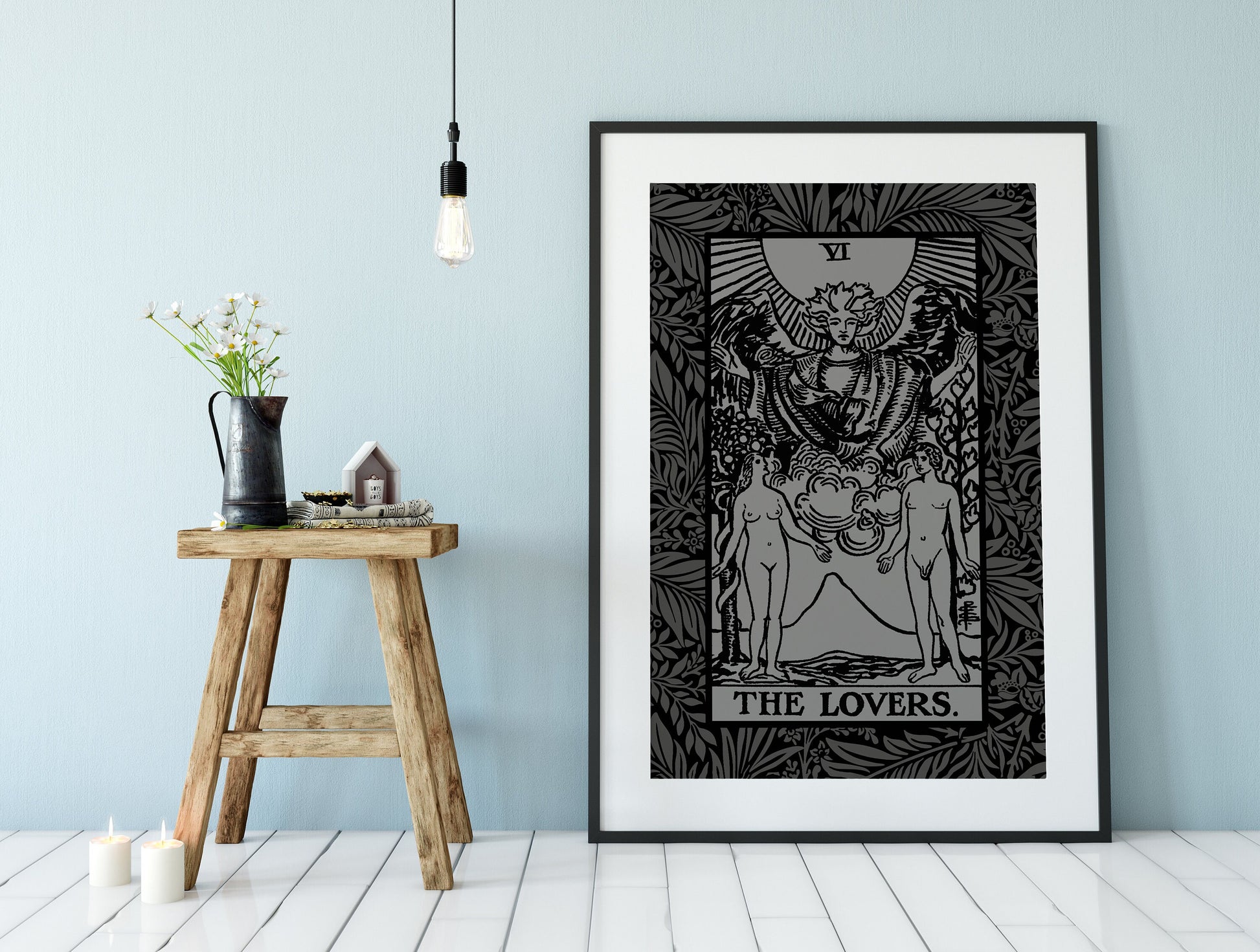 The Lovers Tarot Card - Gray and Black Print - The Lovers Card Gray Poster, No Frame