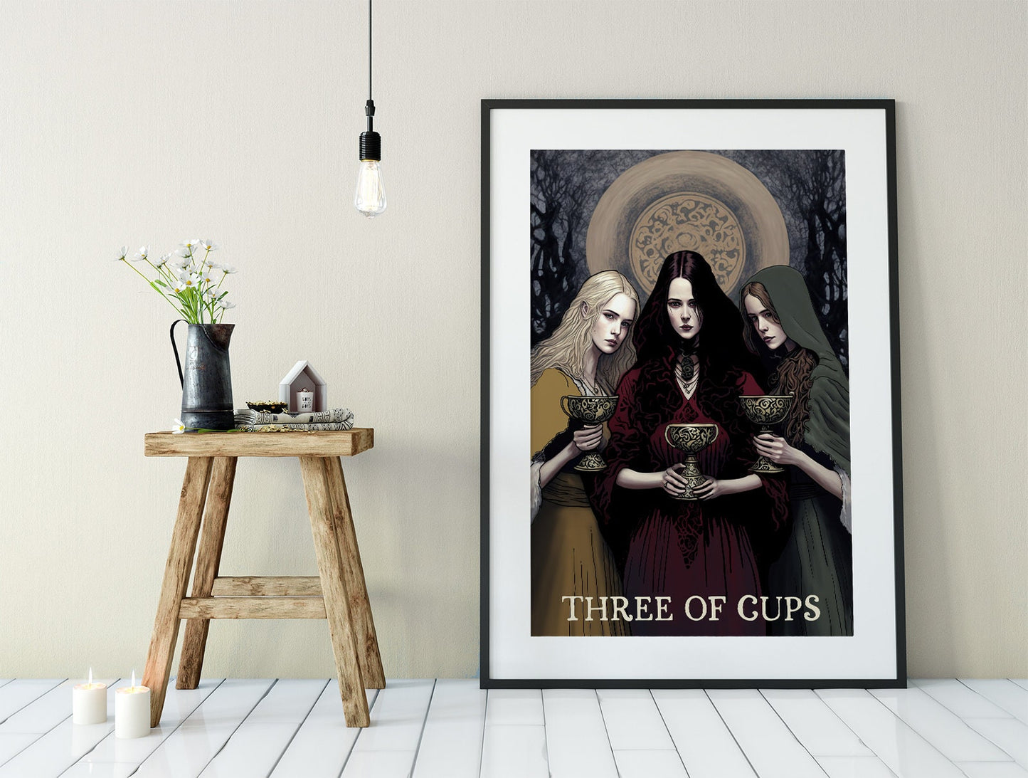 Three of Cups Poster - Wiccan Triple Goddess Tapestry - Hecate Witchy Painted Print, No Frame