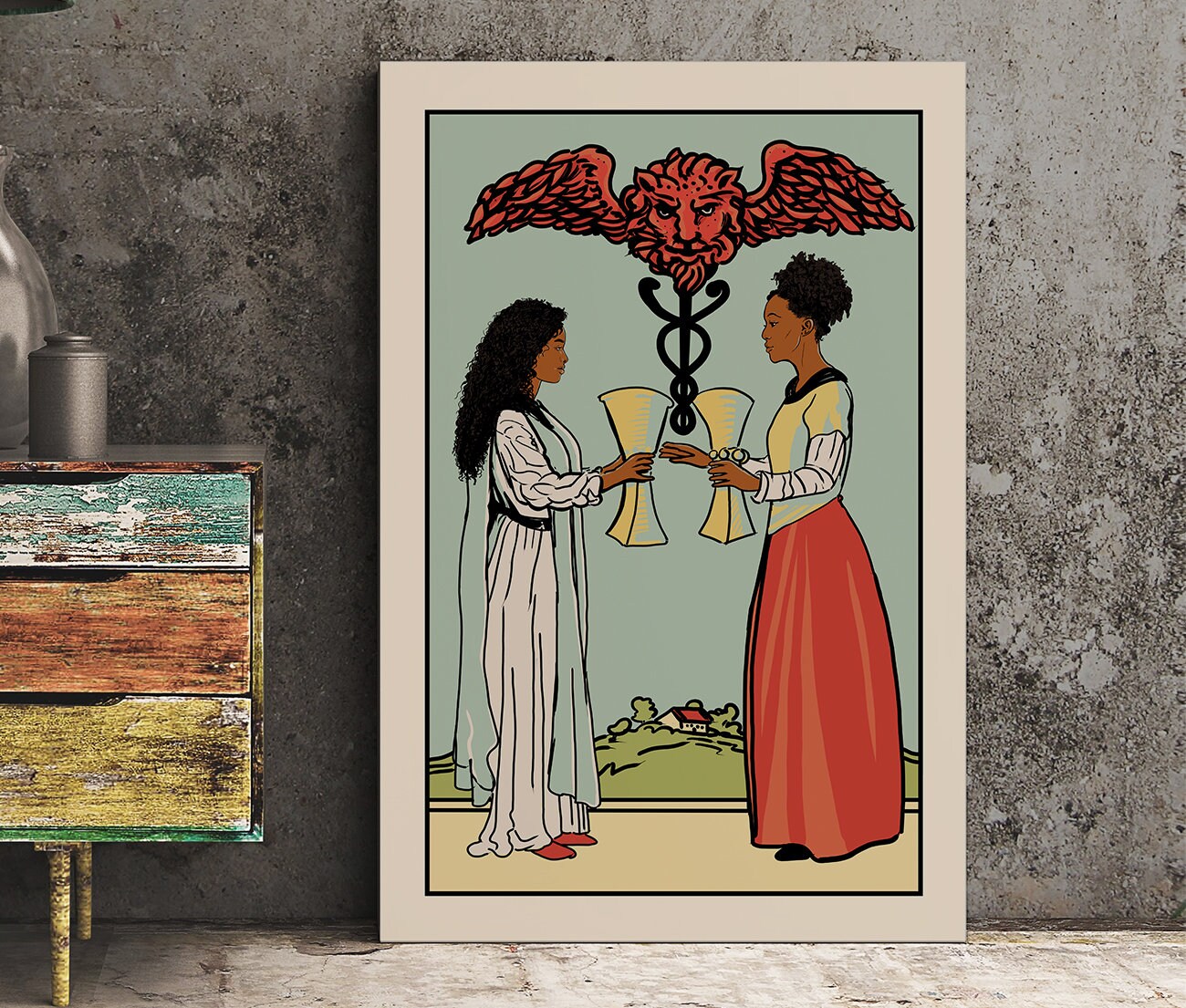 Two of Cups - Tarot Card Print - Two African American Women Card Poster, No Frame