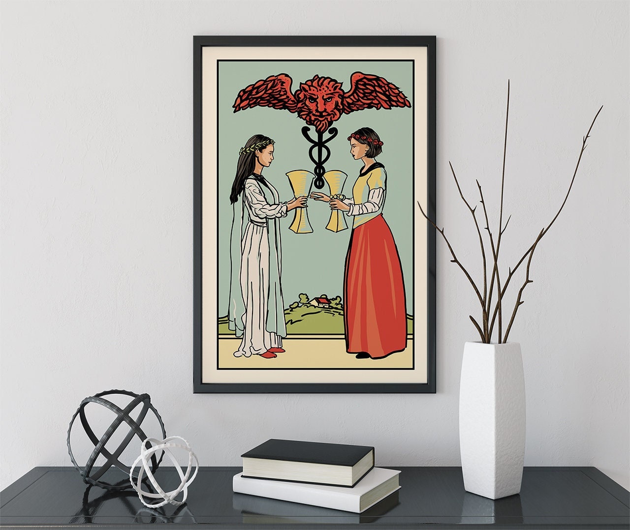 Two of Cups - Tarot Card Print - Two Women Card Poster, No Frame