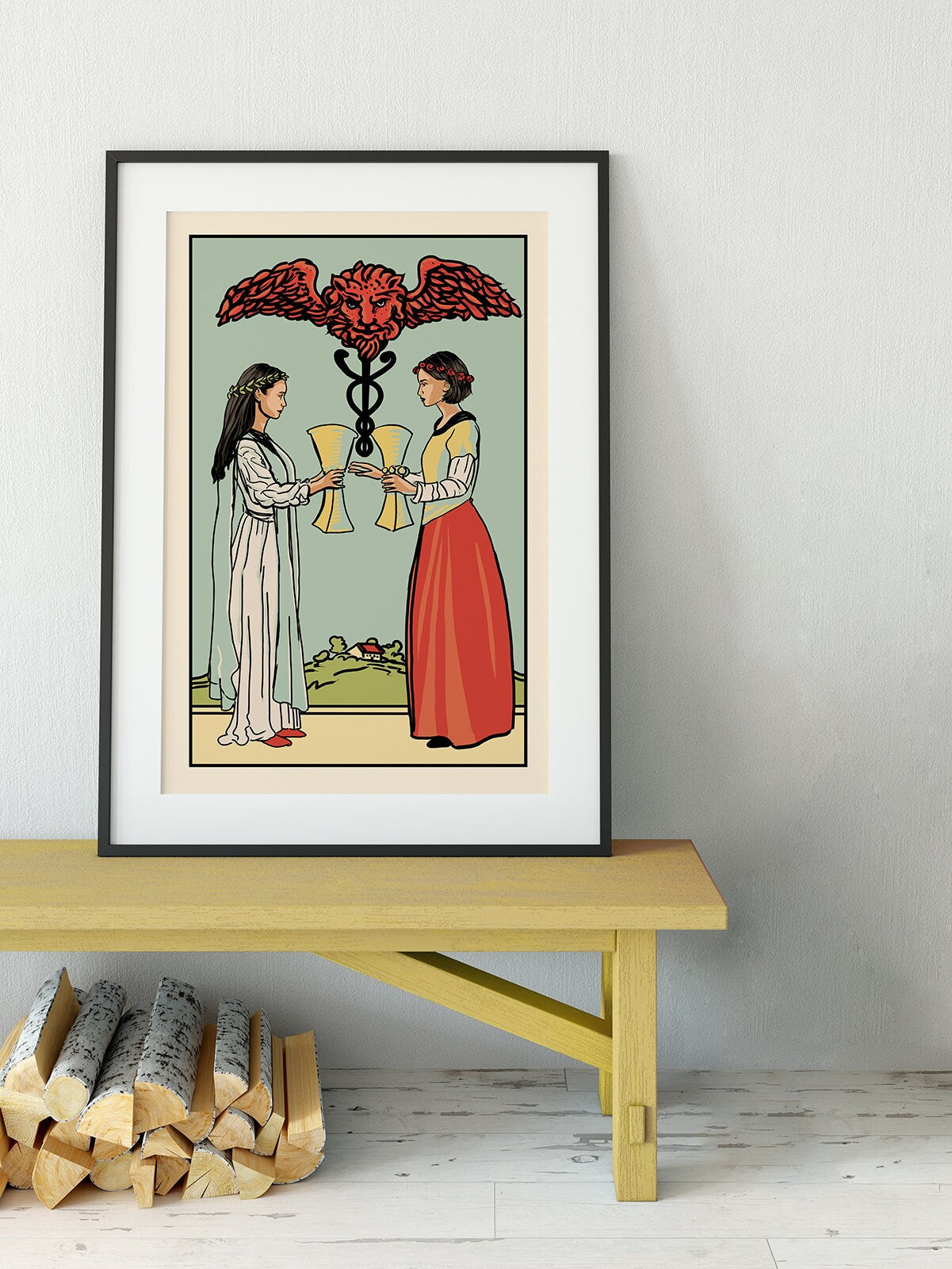 Two of Cups - Tarot Card Print - Two Women Card Poster, No Frame