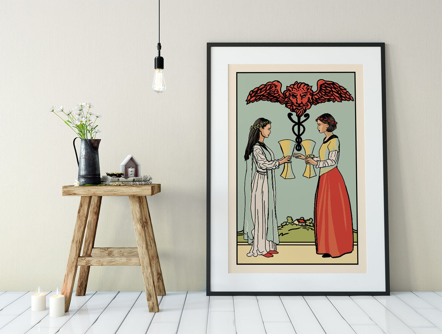 Two of Cups - Tarot Card Print - Two Women Card Poster, No Frame