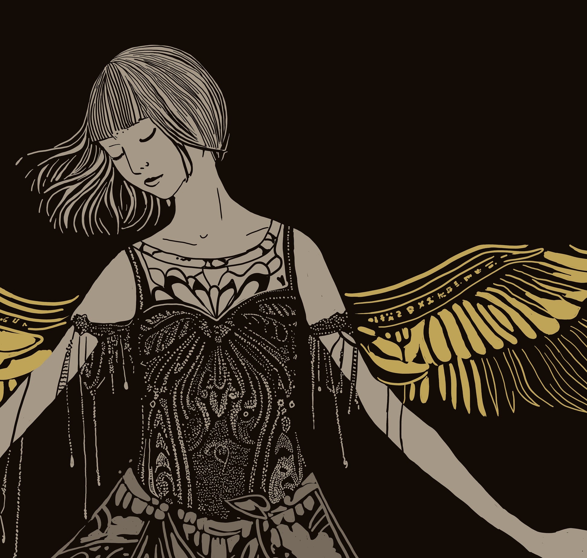 Vintage Angel Art - Hand Drawn Print, Beige and Gold (No Frame)